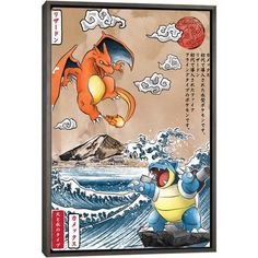 an image of a cartoon character flying over the ocean with a dragon on it's back