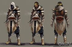 the concept art for an upcoming video game, featuring two men in armor and one man with