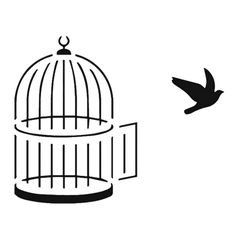 a bird flying next to a cage with a bird in it