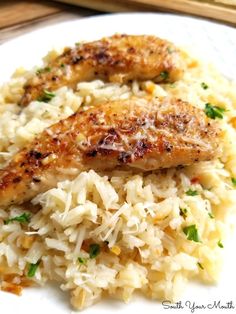 two pieces of chicken and rice on a white plate