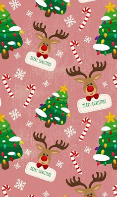 a pink background with christmas trees and reindeers