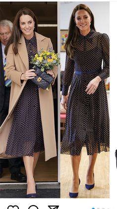 two pictures of the same woman in different outfits, one is wearing a trench coat and the other has a polka dot dress