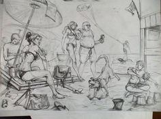 this is a drawing of some people on the beach