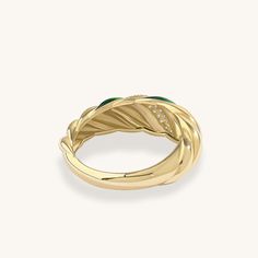 Indulge in the epitome of modernizm with our Green Enamel Pave Croissant Ring, featuring a decadent croissant-inspired design embellished with vibrant green enamel. This contemporary and chic ring effortlessly combines sophistication with a hint of playfulness. Whether worn solo for a bold, eye-catching effect or paired with other favorites, the Green Enamel Pave Croissant Ring is a symbol of exquisite taste and a chic addition to any jewelry collection. - Made in 14k solid gold - Decorated with Elegant Green Dome Ring With Polished Finish, Elegant Green Enamel Ring With Polished Finish, Elegant Green Enamel Ring, Green Enamel Ring For Formal Occasions, Luxury Green Diamond Open Ring, Elegant Enamel Diamond Ring, Elegant Green Enamel Ring For Anniversary, Croissant Ring, Chic Rings