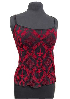 Introducing a stunning Gothic Vintage Raven Red Black Mesh Stretch Vest, perfect for those who love unique and edgy fashion. This vintage piece is designed with a beautiful flock design that will make you stand out from the crowd.  The cropped vest is made with high-quality materials to ensure durability and comfort. It features a stretchy mesh fabric that hugs your body and enhances your curves. This item is perfect for those who love to express their individuality and love for alternative fash Fitted Vest Top For Festival, Gothic Sleeveless Vest Top, Gothic Sleeveless Tops For Festivals, Red Gothic Sleeveless Top, Gothic Sleeveless Cotton Tops, Red Gothic Top For Alternative Fashion, Red Gothic Tops For Alternative Fashion, Gothic Fitted Tank Top For Festivals, Red Sleeveless Gothic Top