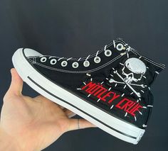 Custom done. I'm a one person business so please be patient. Not an official converse design. This is a customized pair of authentic Chuck Taylor's. I order your size and handstitch the patches on. Available in any size. Made in FL One Person Business, Converse Design, Tie Sneakers, Motley Crue, Pompano Beach, Tie Shoes, Chuck Taylor, Chuck Taylors, Athletic Shoes