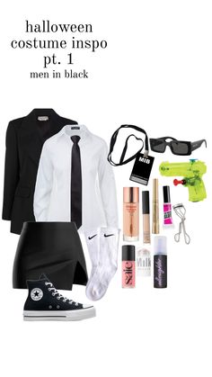 a woman in black and white outfit with accessories including shoes, makeup, eyeglasses and other items