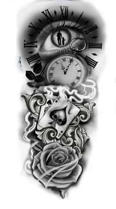 a tattoo design with an eye and clock on it