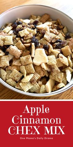 an apple cinnamon chex mix in a bowl on a wooden table with the title above it