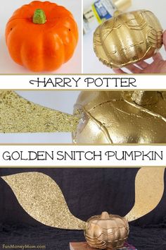 harry potter golden snitch pumpkin craft for kids to make with gold glitter paint