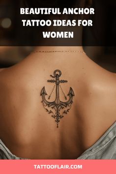 the back of a woman's shoulder with an anchor tattoo on it and text that reads