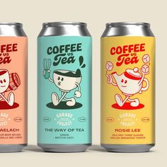 three cans of coffee tea with cartoon characters on the front and back sides, one in orange, one in blue