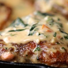 closeup of meat with sauce and spinach leaves on the side in a cast iron skillet