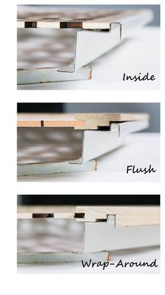 two pictures showing the different types of wood and metal frames with words inside, flush, wrap - around