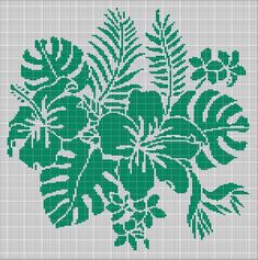 a cross stitch pattern with green leaves and flowers