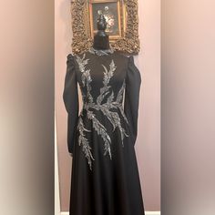 Beautiful Unique Formal Midi Dress. Worn One Time For A Wedding. High Designer Quality. Size Medium - Ladies 8. Black Evening Mother Of The Bride Dress For Wedding, Black Mother Of The Bride Dress For Evening Wedding, Black Sequin Gown For Formal Events, Black Fitted Long Sleeve Mother Of The Bride Dress, Black Evening Dress For Wedding Festivities, Elegant Black Gown For Cocktail, Black Evening Gown For Wedding, Elegant Black Cocktail Gown, Black Evening Wedding Gown