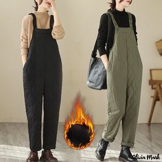 Olivia Mark - Stylish Comfort: Wide-Legged Insulated Overalls with Artistic Design and Cozy Inner Lining Overalls Baggy, Oversized Overalls, Baggy Overalls, Jumpsuit Winter, Wide Leg Pants Outfit, Cotton Overalls, Strap Pants, Boho Jumpsuit, Overalls Outfit