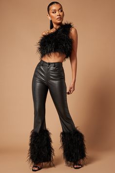 Available In Black. Faux Leather Pant Front Closure Pockets Feather Trim Flare Leg Slight Stretch Shell: 55% Polyurethane 45% Polyester Lining: 95% Polyester 5% spandex Imported | Harper Feathered Leather Pant in Black size Small by Fashion Nova Fitted Polyurethane Leather Pants For Night Out, Fitted Faux Leather Pants For Evening, Fitted Leather Pants For Club In Fall, Leather Bottoms For Party In Fall, Leather Bottoms For Fall Party, Winter Party Stretch Leather Pants, Chic Leather Pants For Club In Fall, Trendy Faux Leather Pants For Evening, Stretch Leather Pants For Winter Party