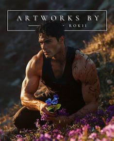 a man kneeling down with flowers in his hand and the words art works by roki above him