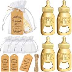 gold bottle gift set with tags, twine and cotton bags for wedding favors or baby shower gifts