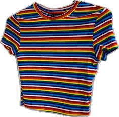 Fitted Rainbow Crew Neck Top, Rainbow Fitted Crew Neck Top, Trendy Rainbow Print Striped Tops, Trendy Striped Rainbow Print Tops, Fitted Rainbow Short Sleeve Tops, Fitted Rainbow Casual Top, Fitted Casual Rainbow Tops, Fitted Rainbow Print Short Sleeve Top, Trendy Striped Tops With Rainbow Print