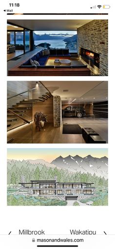 three different views of the interior and exterior of a house with mountains in the background