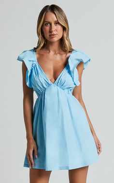 Raiza Mini Dress - Ruffle Sleeve Tie Back Plunge Dress in Bright Blue | Showpo USA Light Blue Ruffled V-neck Mini Dress, Light Blue V-neck Mini Dress With Ruffles, Flirty Blue V-neck Mini Dress, Light Blue Flowy Mini Dress For Party, Light Blue Ruffled Mini Dress For Date Night, Flirty Light Blue V-neck Dress, Flowy Light Blue Mini Dress For Date Night, Light Blue Flowy Mini Dress For Date Night, Light Blue Ruffle Dress For Date Night