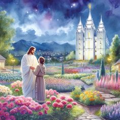 a painting of jesus holding the hand of a child in front of a church and flowers