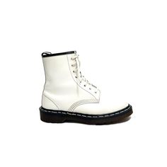 Vintage 1990s women's white leather 8-eye 1460 original combat boots by Dr. Martens. Features white leather uppers, rounded toe, 8-eye lace up fronts, flat tops, pull on loop at center back, air-cushioned sole, and short block heel. Very good vintage condition with some light wear. Made in England.   Heel to toe (inside shoe): 9.5 inches  Ball of foot (bottom of sole): 4 inches  Heel height: 1.125 inches  Rise: 6.25 inches  Size 7 (marked UK size 5) Combat Boots White, Inside Shoes, Boots White, 4 Inch Heels, Lace Up Ankle Boots, Flats Top, Leather Lace, Boot Shoes Women, Leather And Lace