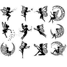 the silhouettes of fairy tinkerbells are shown in various poses and shapes