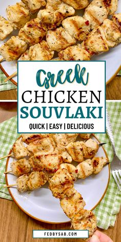 grilled chicken souvlaki on a white plate with green checkered napkin