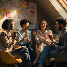 four people are sitting around talking and having conversation in an office setting with sticky notes on the wall behind them