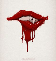 a blood dripping down the side of a woman's mouth with her tongue sticking out