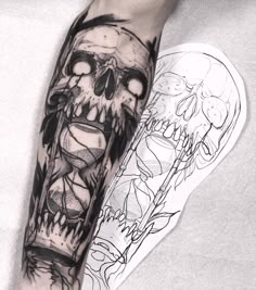 a person with a tattoo on their arm and the image of a skull is shown