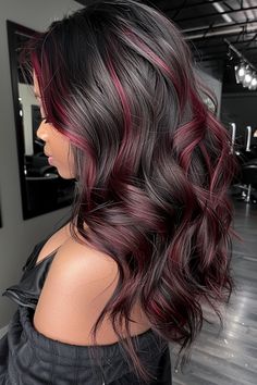 Highlights Ideas For Black Hair, Black Hair With Red Highlights, Ideas For Black Hair, Red Hair With Highlights, Cherry Red Hair, Black Red Hair, Highlights Ideas, Black Hair Balayage, Hair Color Underneath