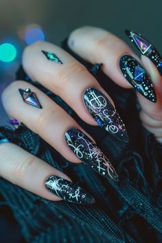 Unleash your inner witch with these spellbook-inspired nails! 🖤📚 Featuring mystical symbols, arcane scripts, and enchanted designs, these nails are perfect for casting some serious style spells. 💅✨ #AncientSpellbook #MysticalMani #MagicNails Viking Nails, Mystic Nails, Aries Women, Modern Mystic