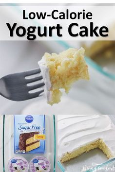 a piece of cake with white frosting being lifted from a fork by a package of low - calorie yogurt cake