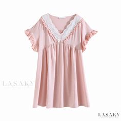 Lasaky - Cotton Short-Sleeve Sleep Dress for Women- Elegant and Charming Princess Nightwear with Loose Fit Princess Sleepwear, Sleeping Gown, Cotton Nightgown, Cotton Sleepwear, Sleep Dress, Inspired Dress, High Collar, Sleeve Cotton, Cotton Shorts