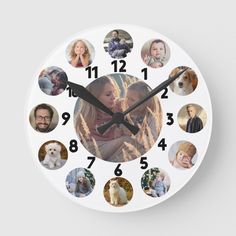 a white clock with many pictures of people and their dogs on it's face