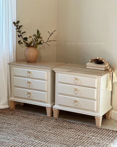 a white dresser with two drawers and a potted plant