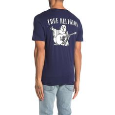 True Religion Men's Buddha Logo Print Tee T-Shirt * True Religion Men's Tee * Classic Buddha Print Rear * Front Horseshoe Logo Print * Short Sleeve * Crew Neck * 100% Cotton * Imported * Style: 103307 * Color: Ace Navy Blue Crew Neck T-shirt With Back Print, Blue T-shirt With Front Print And Relaxed Fit, Blue Graphic Tee With Back Print, Casual Blue T-shirt With Back Print, Blue Short Sleeve Top With Back Print, Casual Blue Tops With Back Print, Blue Relaxed Fit Top With Back Print, Buddha Print, Buddha Logo