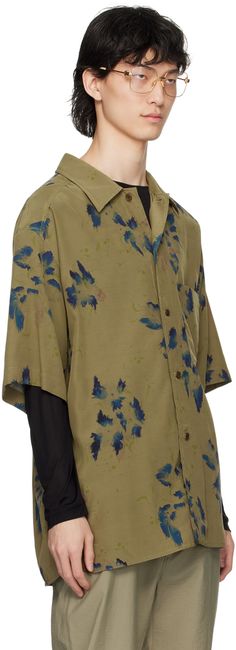 Overdyed viscose satin shirt. Graphic pattern printed throughout. · Spread collar · Button closure · Patch pocket · Droptail hem · Vented side seams · Dropped shoulders · Storm flap at back · Mother-of-pearl hardware Supplier color: Khaki/Ink Spring Silk Shirt With Camp Collar, Casual Silk Shirt With Floral Print, Silk Shirt With Relaxed Fit And Camp Collar, Casual Silk Shirt With Camp Collar, Summer Rayon Shirt With Shirttail Hem, Casual Silk Tops With Abstract Print, Casual Silk Button-up Shirt, Casual Silk Top With Camp Collar, Casual Silk Shirt With Relaxed Fit