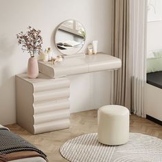 a living room with white furniture and a round mirror on the wall above the table