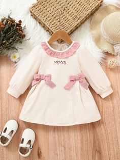 Baby Girl Cute Long Sleeve Ruffle Collar Dress With Bow Decor, Versatile For Fall And Winter Multicolor   Long Sleeve Knitted Fabric Letter A Line Slight Stretch  Baby Girls Clothing, size features are:Bust: ,Length: ,Sleeve Length: Pyjama Satin, Bow Decor, Infant Girls, Bandana Hairstyles, Ruffle Collar, Kids Sleepwear, Boho Women, Inspiration Mode