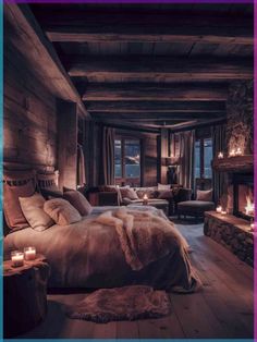 a large bed sitting inside of a bedroom next to a fire place with candles on it