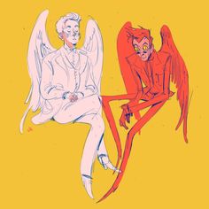 an image of two angels sitting next to each other on a yellow and orange background