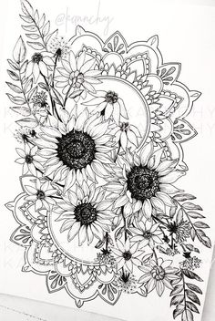 a black and white drawing of sunflowers