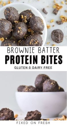 chocolate peanut butter protein bites in a white bowl with text overlay that reads, brownie batter protein bites gluten & dairy free