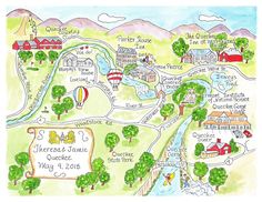 a drawing of a map that shows the locations of different towns and attractions in the country