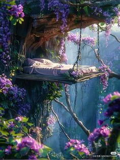 a bed sitting in the middle of a forest filled with purple flowers and vines,